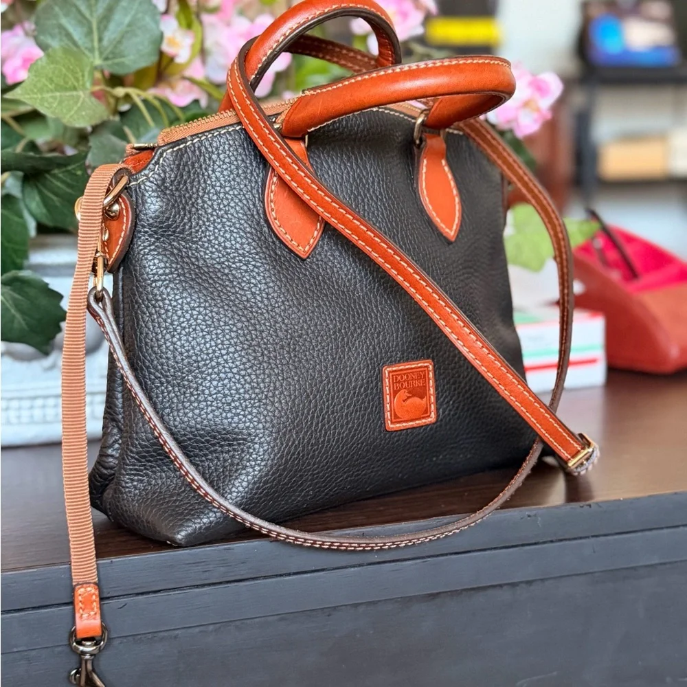 Dooney & Bourke Black Pebble Leather Satchel with Brown Trim